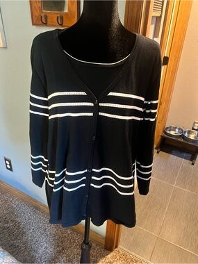 Black and White Striped V-Neck Button Cardigan